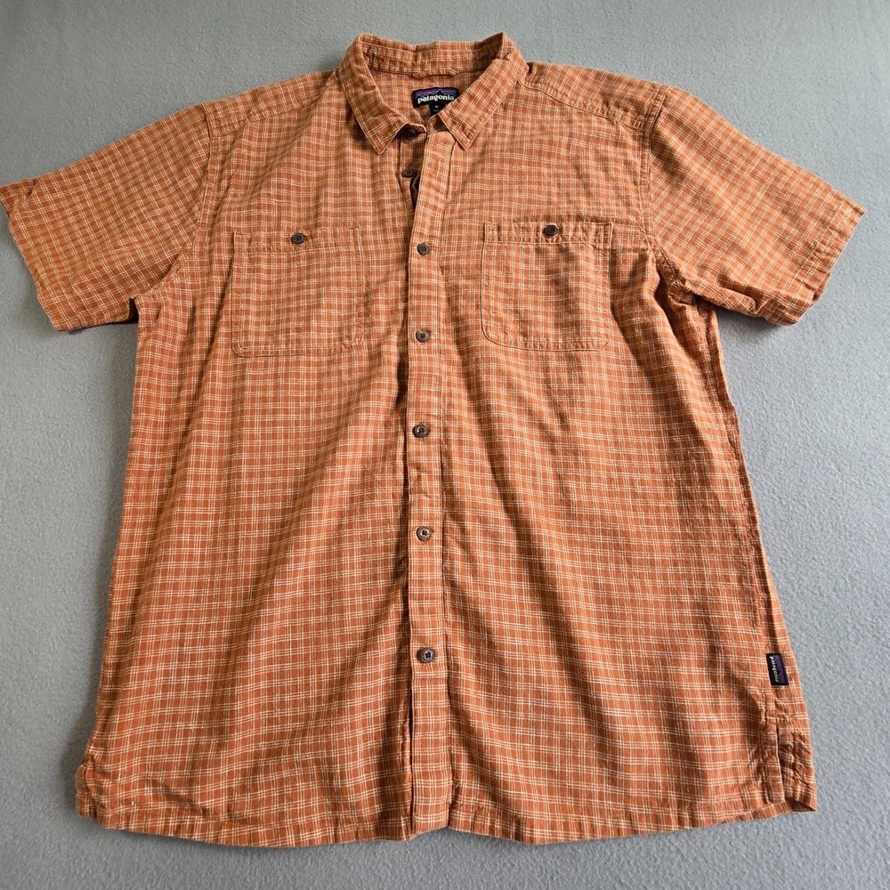 Patagonia Button Down Shirt Mens XL Orange Plaid Hemp Cotton Short Sleeve